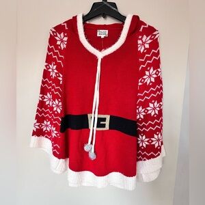 Santa-Inspired Ugly Christmas Sweater Poncho with Hood and Pom-Poms Large